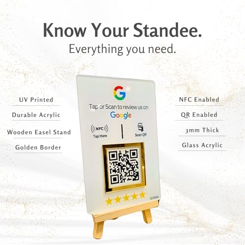 tinydabba NFC & QR Tap or Scan Feedback Standee for Business – Contactless Link Sharing for Shops, Clinics, Salons, Restaurants – Golden Border - Acrylic Standee - Image 3