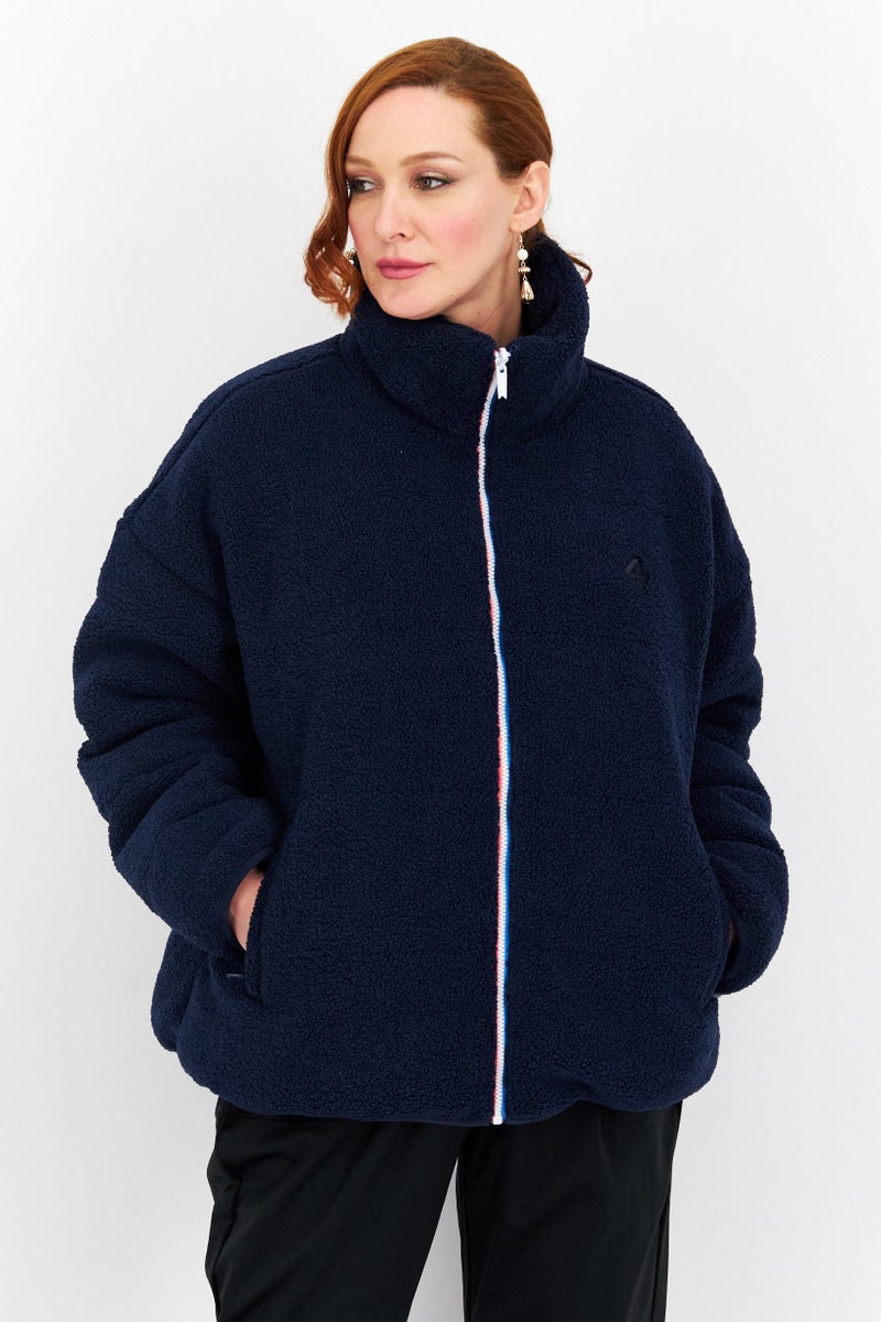 Fourlaps جاكيت شيربا قابل للعكس بشعار العلامة التجارية للنساء، Navy - Image 1