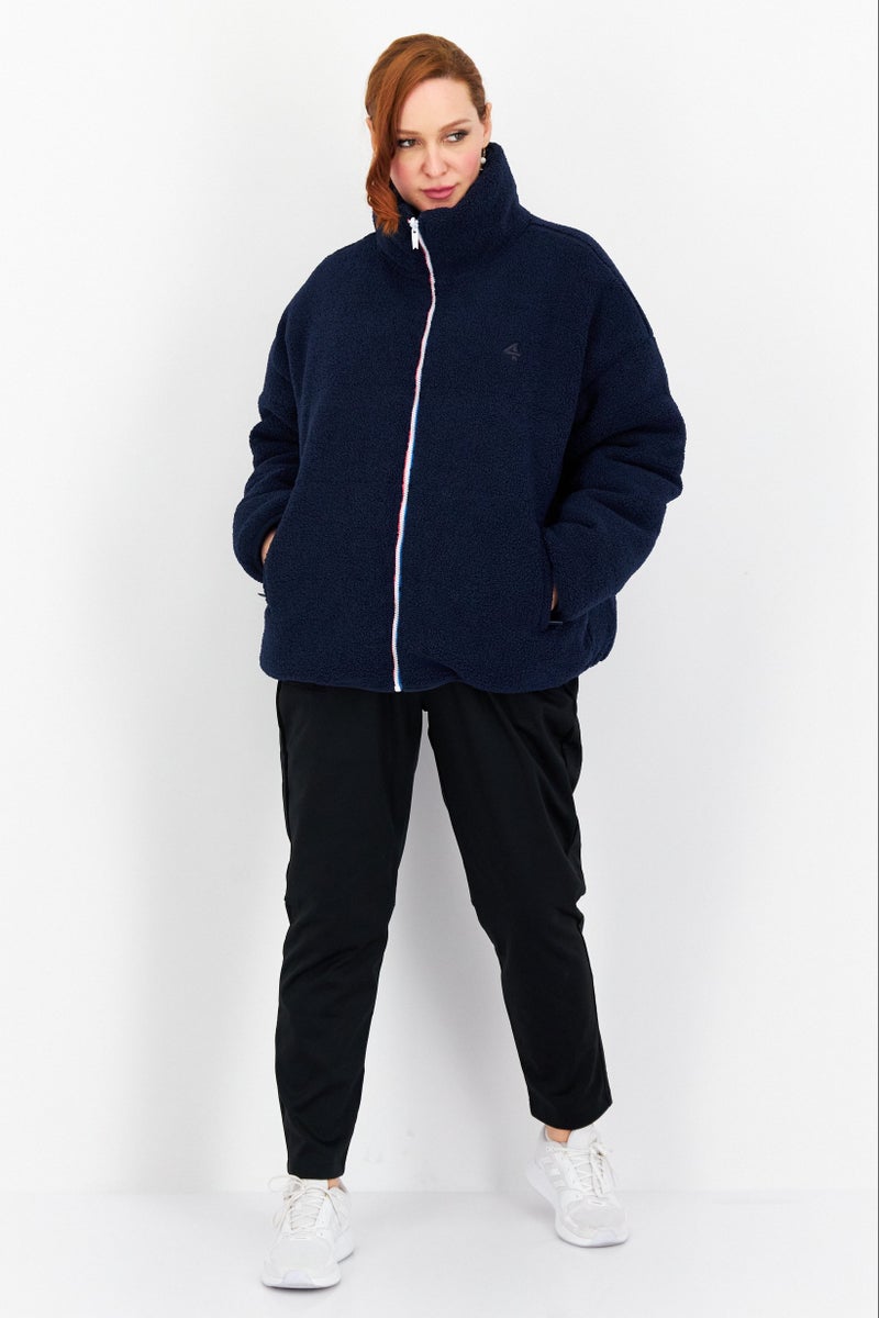 Fourlaps Women Brand Logo Reversible Sherpa Jacket, Navy - Image 2