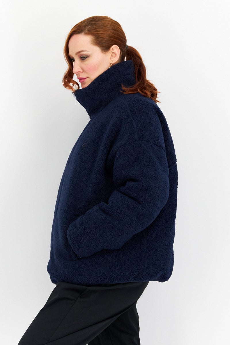 Fourlaps Women Brand Logo Reversible Sherpa Jacket, Navy - Image 4
