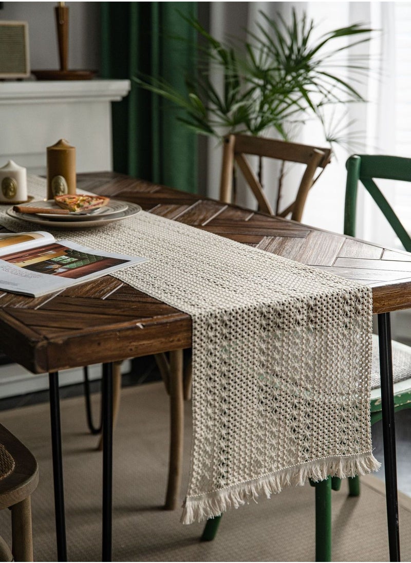 Generic Boho Beige Table Runner, Vintage Farmhouse Bohemian Crochet Macrame Table Runner for Wedding Party Coffee Dining Table Decor Beige 30*180cm  - Image 1