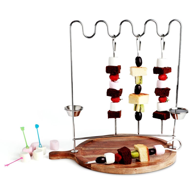 Urban Snackers Barbecue Curve Shape Kebab Stand with 4 Skewers 2 Mini Bowl Wooden Platter Base Stainless Steel - Image 1