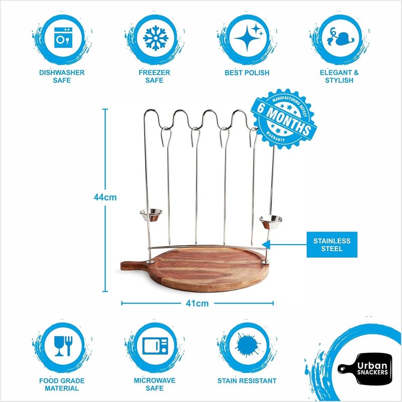 Urban Snackers Barbecue Curve Shape Kebab Stand with 4 Skewers 2 Mini Bowl Wooden Platter Base Stainless Steel - Image 3
