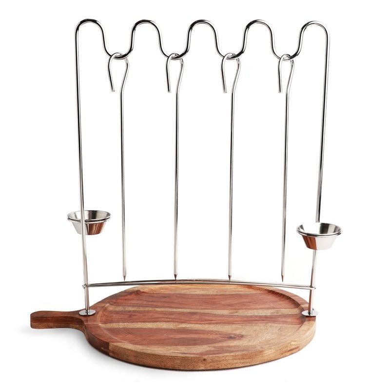 Urban Snackers Barbecue Curve Shape Kebab Stand with 4 Skewers 2 Mini Bowl Wooden Platter Base Stainless Steel - Image 2