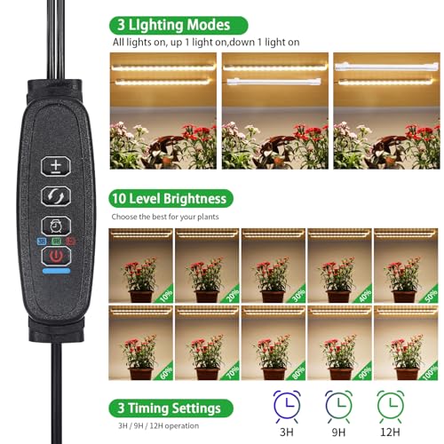 RWNTAO 8.6'' Mini LED Grow Light Strips, Full Spectrum 3000K, 52 LED Plant Light with 3/9/12H Timer, 10 Dimmable Levels for Seedling, Succulent and Plant Shelf, 2 Head - Image 3