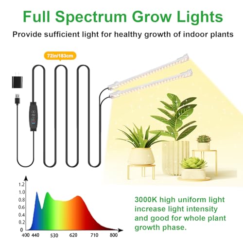 RWNTAO 8.6'' Mini LED Grow Light Strips, Full Spectrum 3000K, 52 LED Plant Light with 3/9/12H Timer, 10 Dimmable Levels for Seedling, Succulent and Plant Shelf, 2 Head - Image 2
