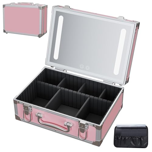 Cybergiant Travel Makeup Case with LED Mirror - Hard Shell Pink Travel Makeup Bag with Mirror - Portable Makeup Organizer with Mirror, Vanity Case for Cosmetics, Adjustable Divider - Image 1