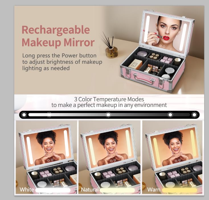 Cybergiant Travel Makeup Case with LED Mirror - Hard Shell Pink Travel Makeup Bag with Mirror - Portable Makeup Organizer with Mirror, Vanity Case for Cosmetics, Adjustable Divider - Image 4