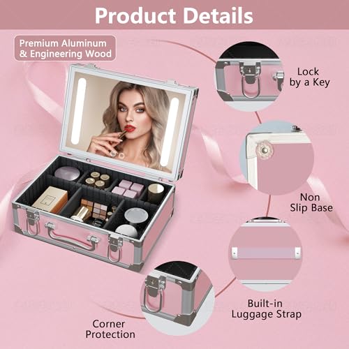 Cybergiant Travel Makeup Case with LED Mirror - Hard Shell Pink Travel Makeup Bag with Mirror - Portable Makeup Organizer with Mirror, Vanity Case for Cosmetics, Adjustable Divider - Image 2