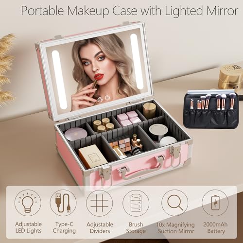 Cybergiant Travel Makeup Case with LED Mirror - Hard Shell Pink Travel Makeup Bag with Mirror - Portable Makeup Organizer with Mirror, Vanity Case for Cosmetics, Adjustable Divider - Image 5
