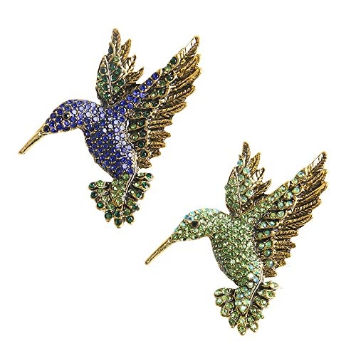 Comidox 2Pcs Hummingbird Brooch Pin Crystal Rhinestone Animal Bird Women Garment Scarf Accessory Vintage Green Blue - Image 1