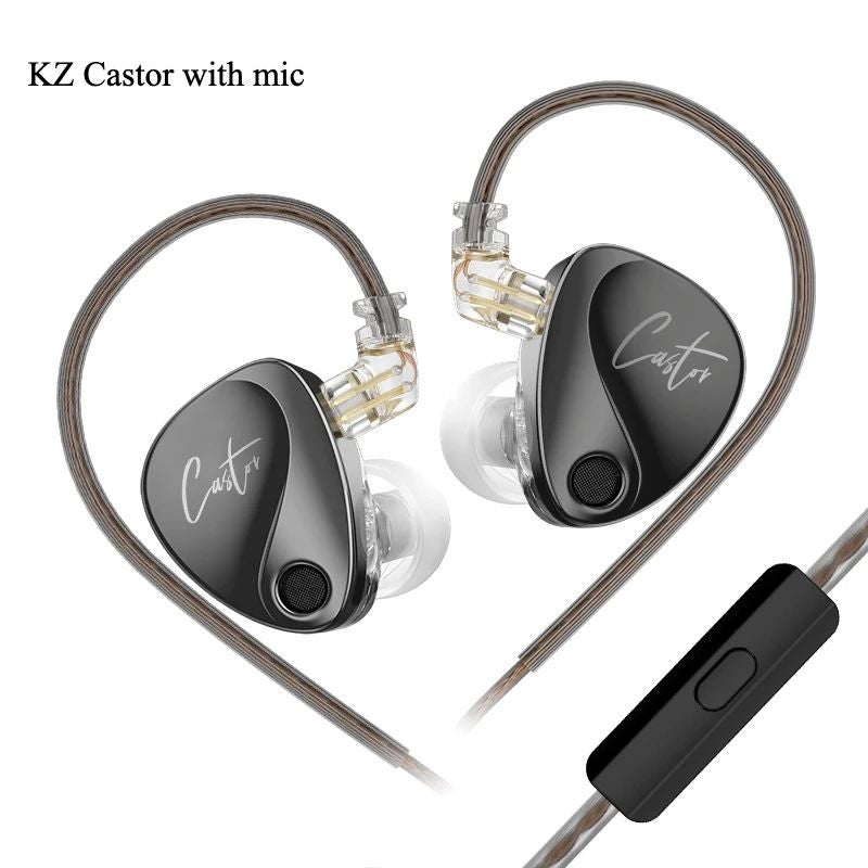KZ Castor Bass HiFi Dual Dynamic Driver Wired Earphones with Mic Harman Tuning Noise Isolation IEM 2-Pin Cable, Black/Grey - Image 1