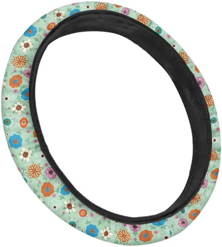 Car Steering Wheel Cover for Women and Men,Non-Slip Breathable Steering Wheel,Universal 14.5"-15" Fit for Cars and SUVs(Mint Green with Hippie Flowers) - Image 3
