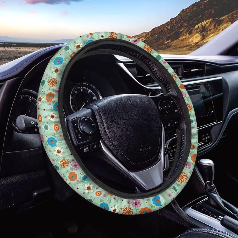 Car Steering Wheel Cover for Women and Men,Non-Slip Breathable Steering Wheel,Universal 14.5"-15" Fit for Cars and SUVs(Mint Green with Hippie Flowers) - Image 1