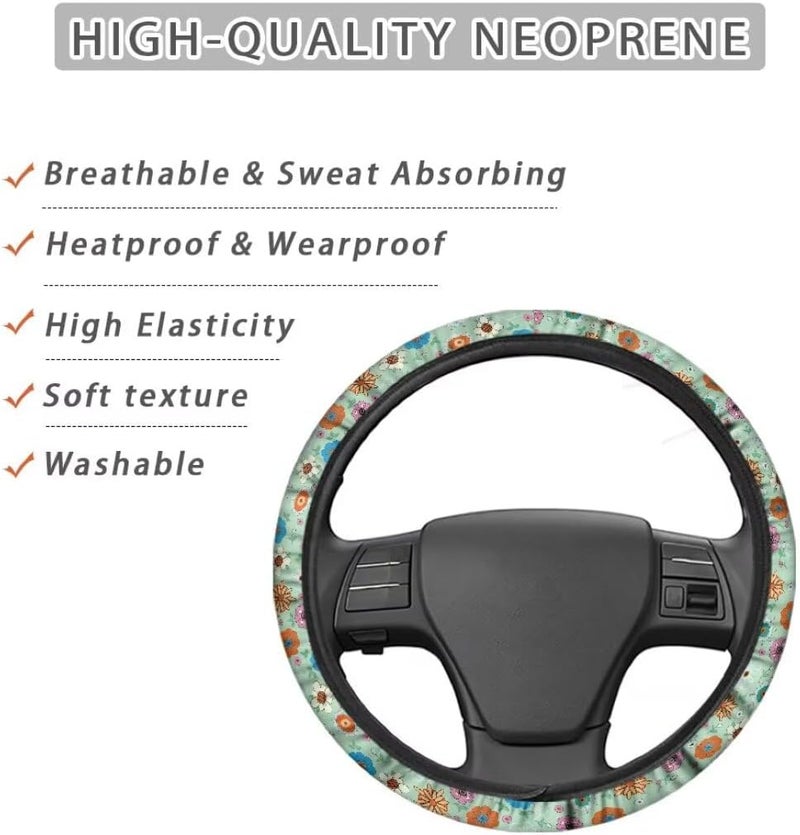 Car Steering Wheel Cover for Women and Men,Non-Slip Breathable Steering Wheel,Universal 14.5"-15" Fit for Cars and SUVs(Mint Green with Hippie Flowers) - Image 4