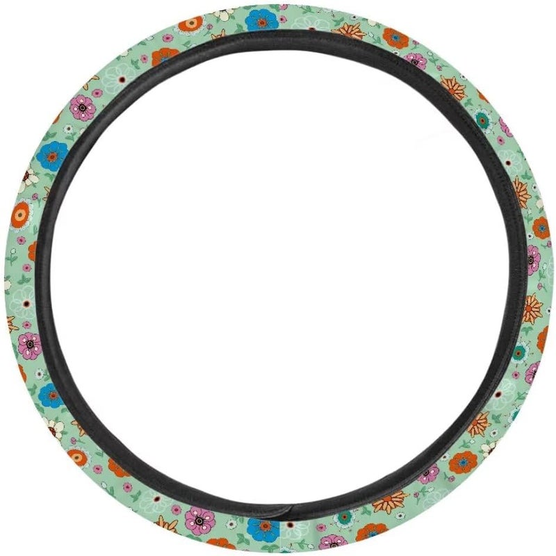 Car Steering Wheel Cover for Women and Men,Non-Slip Breathable Steering Wheel,Universal 14.5"-15" Fit for Cars and SUVs(Mint Green with Hippie Flowers) - Image 2