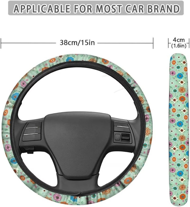 Car Steering Wheel Cover for Women and Men,Non-Slip Breathable Steering Wheel,Universal 14.5"-15" Fit for Cars and SUVs(Mint Green with Hippie Flowers) - Image 5