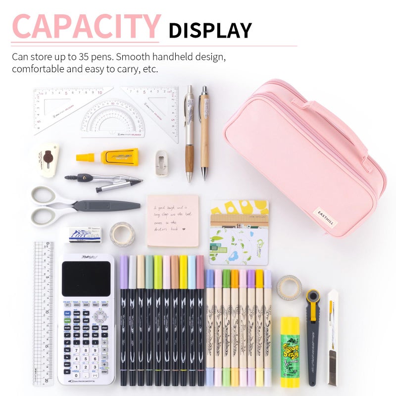 EASTHILL Large Capacity Pencil Case Pen Pouch Organizer Canvas Pencil Bag with Handle School Supplies for Teen Girls-Pink - Image 4