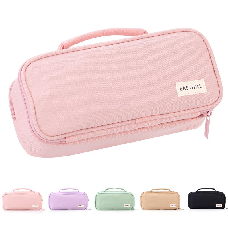 EASTHILL Large Capacity Pencil Case Pen Pouch Organizer Canvas Pencil Bag with Handle School Supplies for Teen Girls-Pink - Image 1