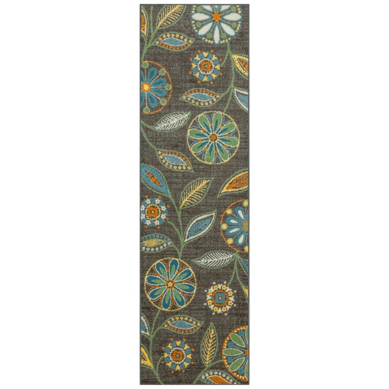 Maples Rugs Reggie Floral Runner Rug  Made in USA  Washable Non Slip Indoor Carpet for Kitchen Hallway and Laundry Room 2 x 7 Dark Grey