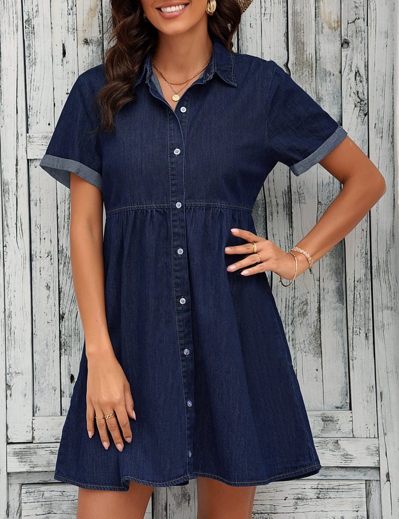LookbookStore Denim Dress for Women Twilight Blue Jean Dresses for Summer Short Sleeve Babydoll Dress with Lapel Collar Button Down Loose Denim Dresses Casual Size Large Size 12 14 - Image 5