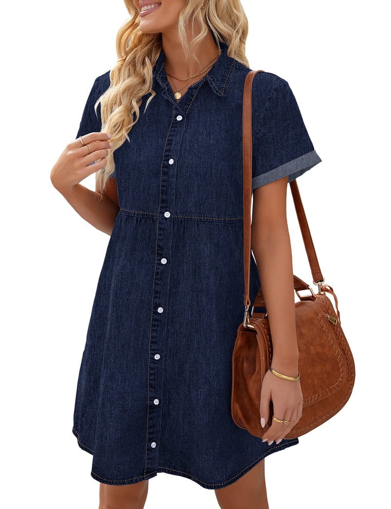LookbookStore Denim Dress for Women Twilight Blue Jean Dresses for Summer Short Sleeve Babydoll Dress with Lapel Collar Button Down Loose Denim Dresses Casual Size Large Size 12 14 - Image 1