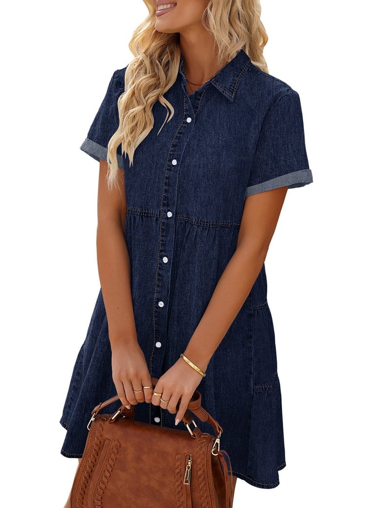 LookbookStore Denim Dress for Women Twilight Blue Jean Dresses for Summer Short Sleeve Babydoll Dress with Lapel Collar Button Down Loose Denim Dresses Casual Size Large Size 12 14 - Image 4