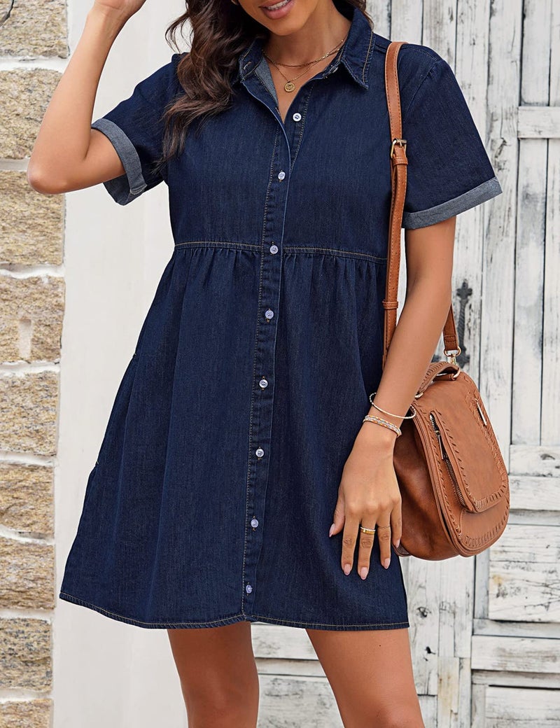 LookbookStore Denim Dress for Women Twilight Blue Jean Dresses for Summer Short Sleeve Babydoll Dress with Lapel Collar Button Down Loose Denim Dresses Casual Size Large Size 12 14 - Image 3