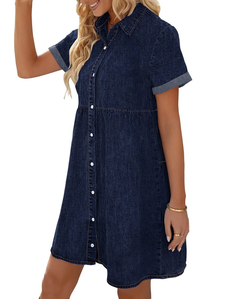 LookbookStore Denim Dress for Women Twilight Blue Jean Dresses for Summer Short Sleeve Babydoll Dress with Lapel Collar Button Down Loose Denim Dresses Casual Size Large Size 12 14 - Image 2