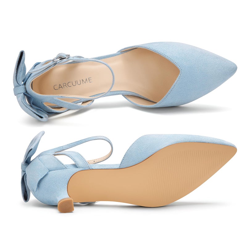 Carcuume Women's Kitten Heels with Bow Closed Toe Sandals Ankle Strap Wedding Pump Shoes, Beni-Light Blue-8 - Image 4