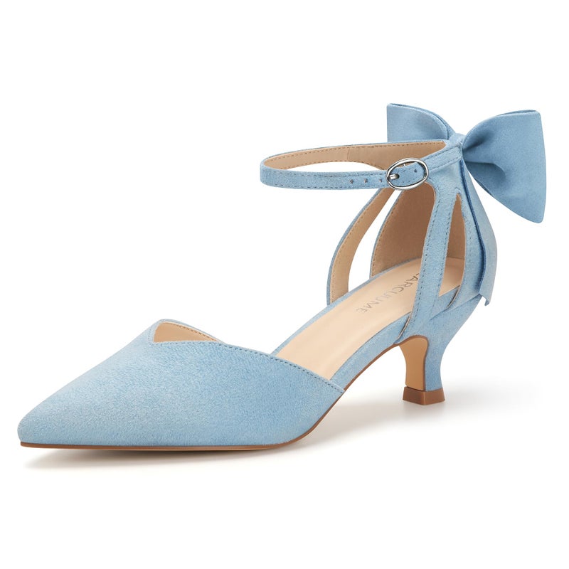 Carcuume Women's Kitten Heels with Bow Closed Toe Sandals Ankle Strap Wedding Pump Shoes, Beni-Light Blue-8 - Image 1