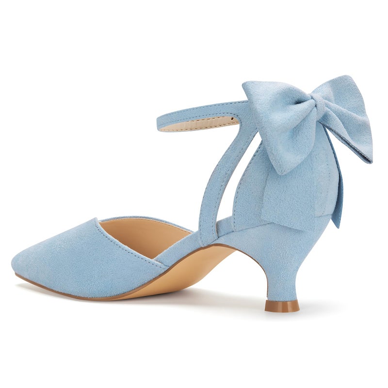 Carcuume Women's Kitten Heels with Bow Closed Toe Sandals Ankle Strap Wedding Pump Shoes, Beni-Light Blue-8 - Image 3