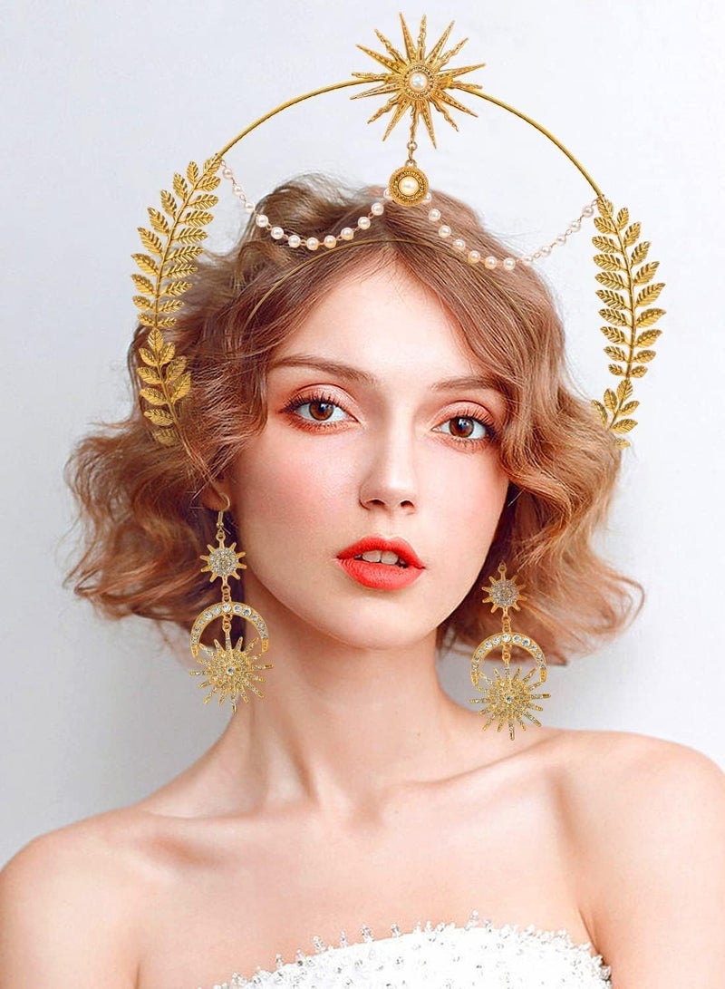 KASTWAVE Halo Crown Moon Stars Crown Halo Headband Crown Celestial Headband Tiaras Crowns for Women Wedding Bridal Prom Tiara with Star Earrings D  - Image 2