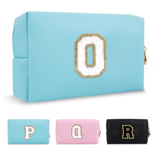 ChaoGreat Small Personalized Initial A-Z Preppy Patch Makeup Bag,PU Chenille Letter Travel Cosmetic Pouch with Zipper,Blue Cute Toiletry Bag,Gift Ideal for Teen Girls Women Teacher Bridesmaid,Letter O - Image 1