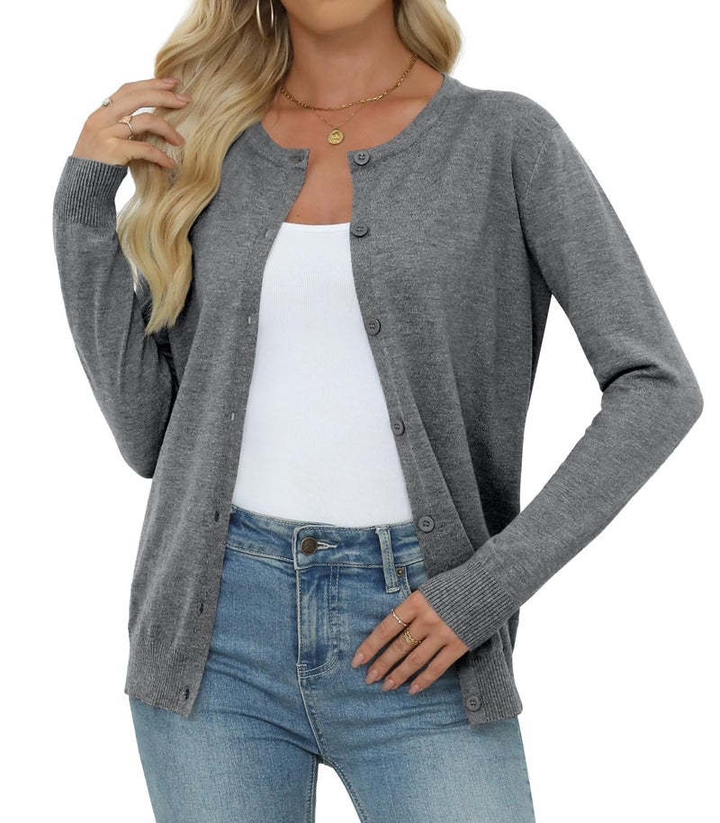 Yincro Women's Lightweight Crewneck Cardigan Long Sleeve Soft Knit Cardigans Sweater (Grey, M) - Image 1