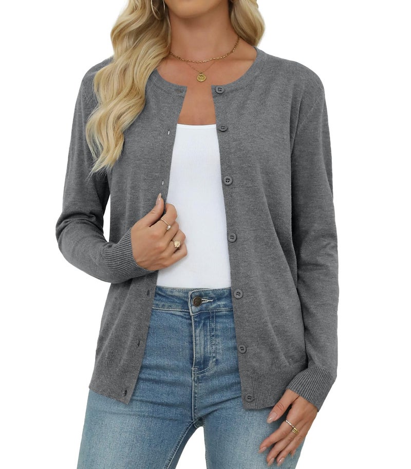 Yincro Women's Lightweight Crewneck Cardigan Long Sleeve Soft Knit Cardigans Sweater (Grey, M) - Image 2