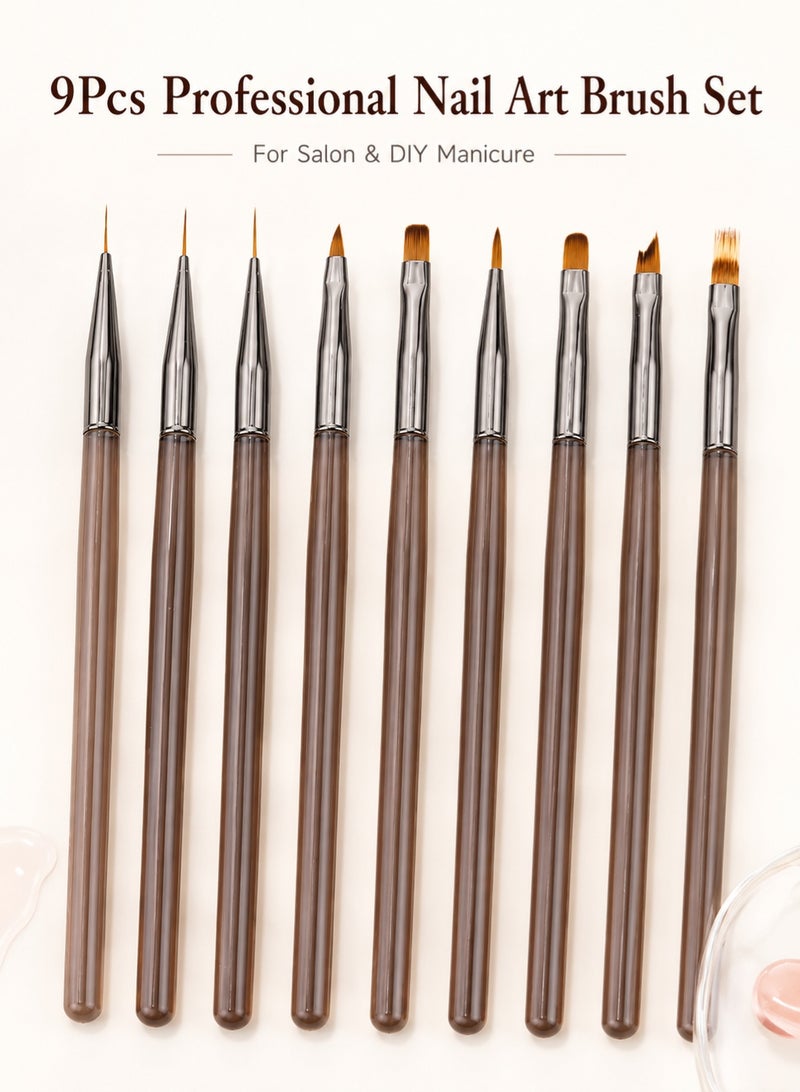 Al Kanzi 9Pcs Professional Nail Art Brush Set, Micro Fiber Liner Petal Ombre Flat Gel Brushes with Acrylic Handle, Double Head Builder Brush Kit for Nail Salon DIY Manicure Tools - Image 1