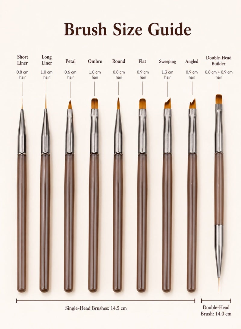 Al Kanzi 9Pcs Professional Nail Art Brush Set, Micro Fiber Liner Petal Ombre Flat Gel Brushes with Acrylic Handle, Double Head Builder Brush Kit for Nail Salon DIY Manicure Tools - Image 2