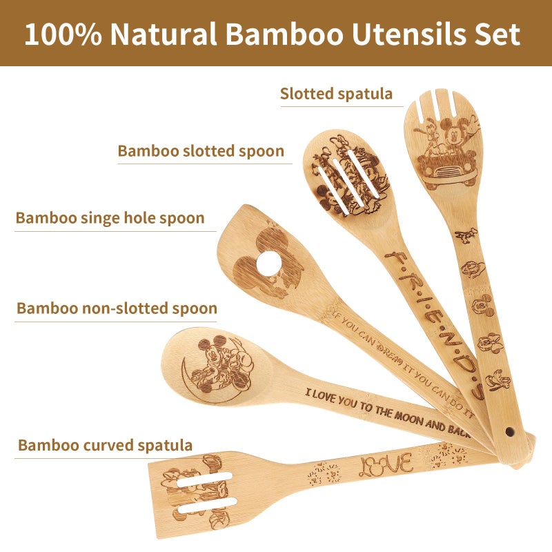 Deikoliuna Wooden Spoon for Cooking- Cartoon Wooden Spoons Bamboo Utensils Set Kitchen Decoration- Birthday Gift Kitchen Accessory with Cute Apron Oven Mitt Potholder- Best Kitchen Gifts for Women Friends (Grey) - Image 2