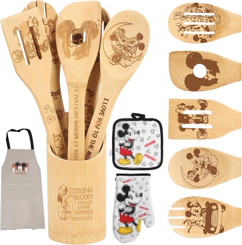 Deikoliuna Wooden Spoon for Cooking- Cartoon Wooden Spoons Bamboo Utensils Set Kitchen Decoration- Birthday Gift Kitchen Accessory with Cute Apron Oven Mitt Potholder- Best Kitchen Gifts for Women Friends (Grey) - Image 1