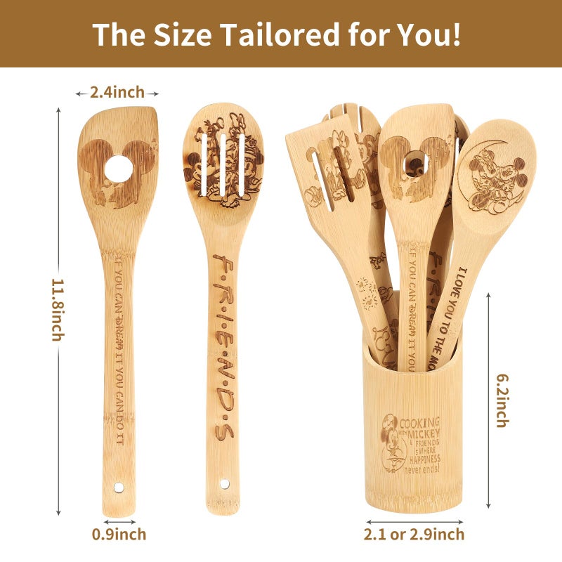 Deikoliuna Wooden Spoon for Cooking- Cartoon Wooden Spoons Bamboo Utensils Set Kitchen Decoration- Birthday Gift Kitchen Accessory with Cute Apron Oven Mitt Potholder- Best Kitchen Gifts for Women Friends (Grey) - Image 3