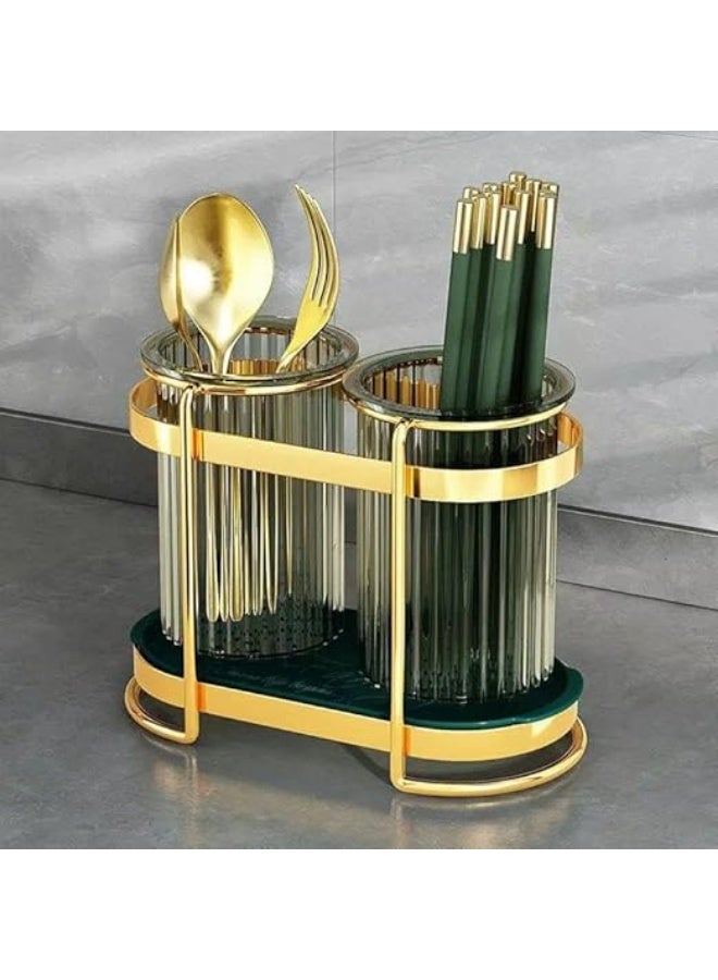 Gold Green Double Spoon Strainer - Multipurpose with Stylish Gold Metal Stand - Image 1