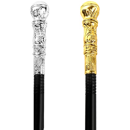 Lucleag 2PCS Gold Walking Cane Silver Walking Cane Halloween Theme Party Supplies Halloween King Cosplay Prop Costume Accessories Halloween Prop Stick Pimp Canes Accessories for Adults