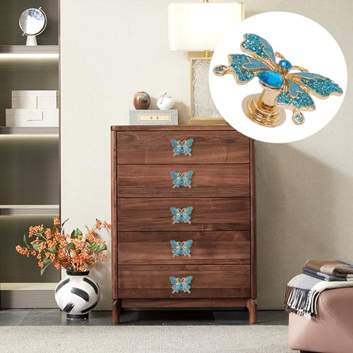 LLDYNW 4 pcs Butterfly Handle Creative Cabinet Drawer Wardrobe Dresser Zinc Alloy Knob Furniture Door Single Hole Handle Door Handle (Blue Rhinestones) - Image 5