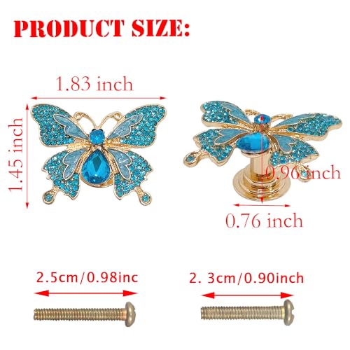 LLDYNW 4 pcs Butterfly Handle Creative Cabinet Drawer Wardrobe Dresser Zinc Alloy Knob Furniture Door Single Hole Handle Door Handle (Blue Rhinestones) - Image 2