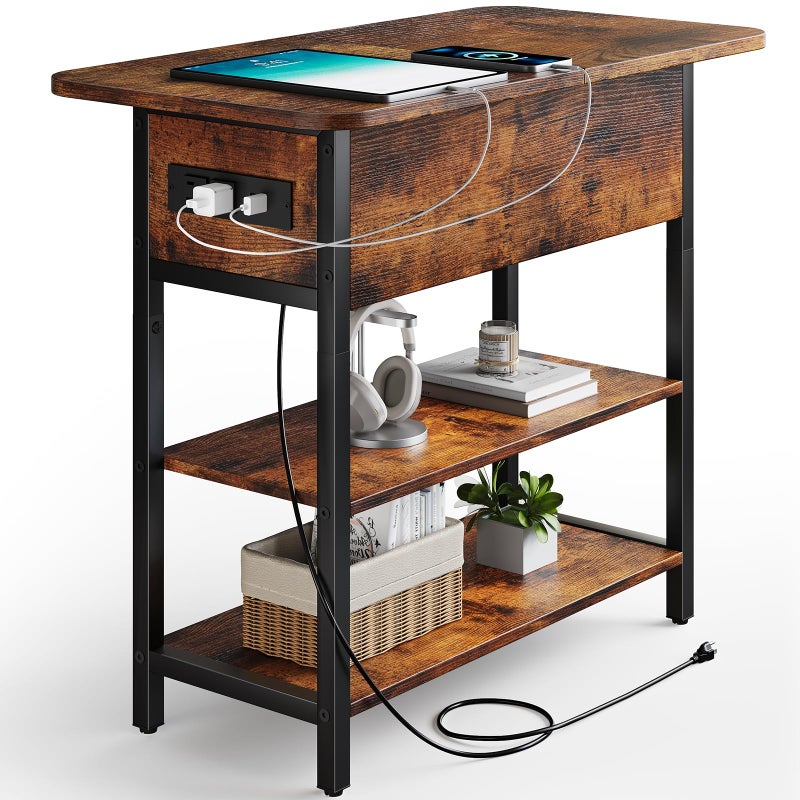 Yoobure End Table with Charging Station, Flip Top Side Table with USB Ports and Outlets, Sofa Couch Table Bedside Table for Living Room Bedroom, Narrow Nightstand with Storage Shelves for Small Space - Image 1