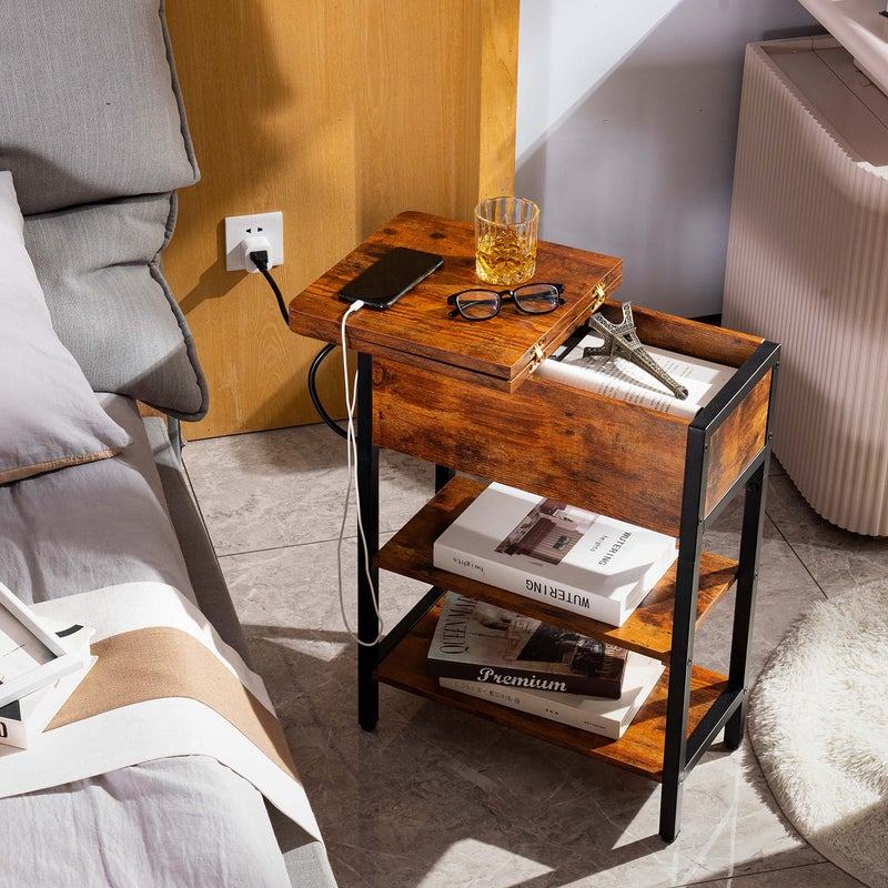 Yoobure End Table with Charging Station, Flip Top Side Table with USB Ports and Outlets, Sofa Couch Table Bedside Table for Living Room Bedroom, Narrow Nightstand with Storage Shelves for Small Space - Image 5