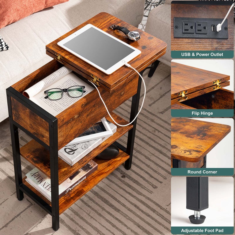 Yoobure End Table with Charging Station, Flip Top Side Table with USB Ports and Outlets, Sofa Couch Table Bedside Table for Living Room Bedroom, Narrow Nightstand with Storage Shelves for Small Space - Image 3
