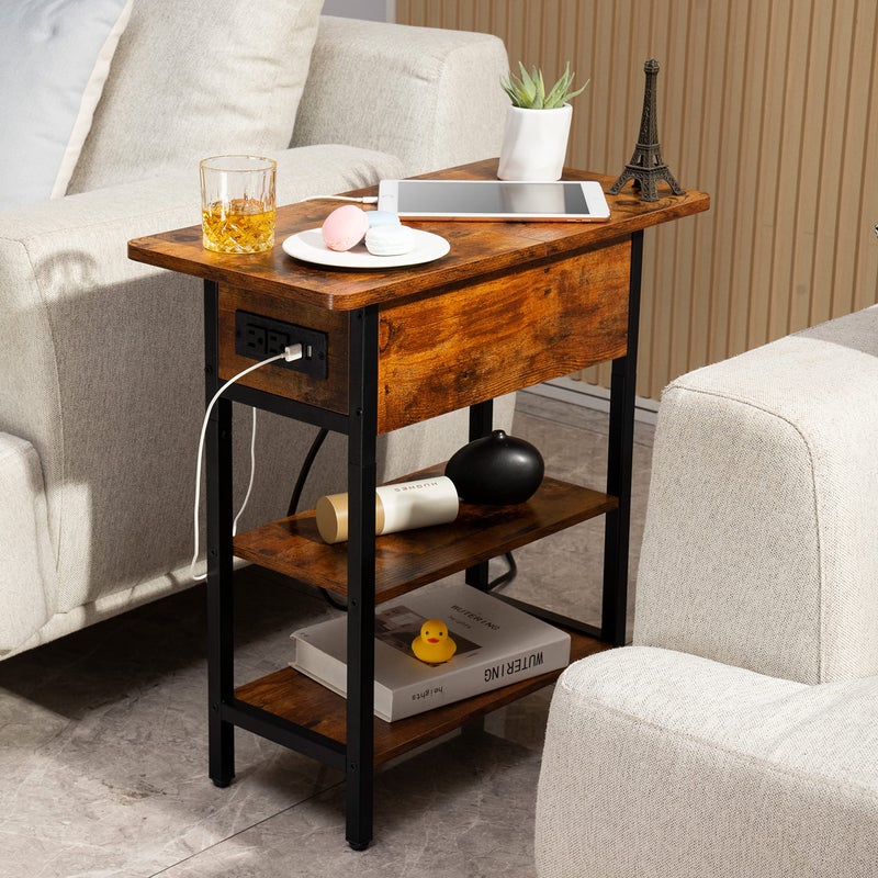 Yoobure End Table with Charging Station, Flip Top Side Table with USB Ports and Outlets, Sofa Couch Table Bedside Table for Living Room Bedroom, Narrow Nightstand with Storage Shelves for Small Space - Image 2