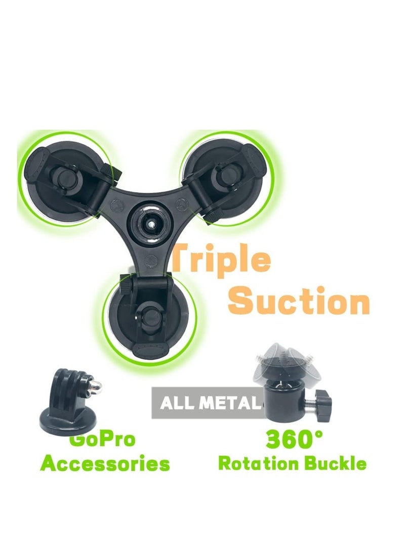 Triple Suction Cup Mount Holder, Action Camera Car Windshield Mount, with 1/4 Threaded Head 360 Degree Tripod Ball Head Mount and Screw, Compatible with Gopro, DJI OSMO Akaso - Image 2